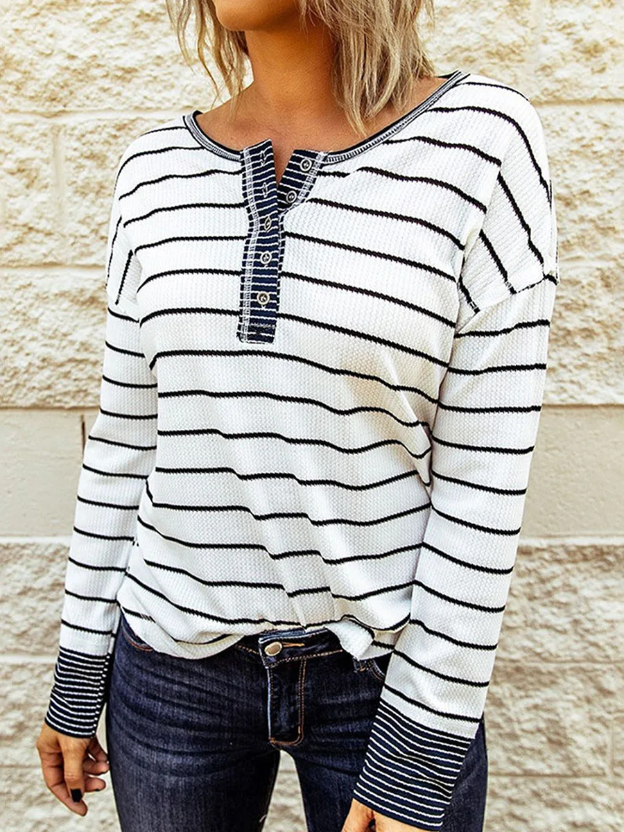 

Fashion Striped Women's T-shirt Casual O-Neck Loose Simple Office Lady Long Sleeve High Street Elegant All-Match Button Tops