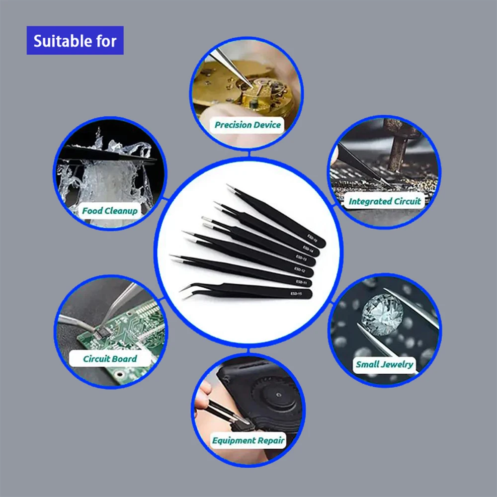 Precision Tweezers 6Pcs Set ESD Stainless Steel Antistatic Industrial Electronic Components Maintenance and Antistatic Pincet