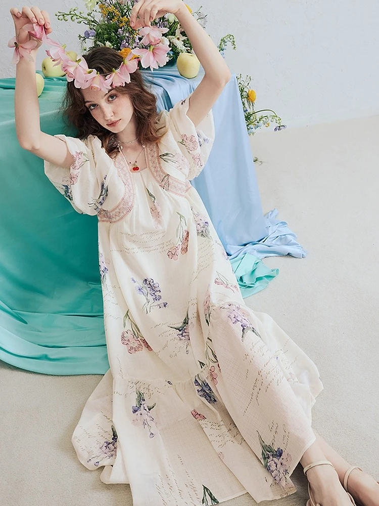 88-96cmBust Summer Holiday LongDress Women Korean Fashion Elegant Embroidery Sexy V-Neck Floral Print Vacation Style Loose Dress