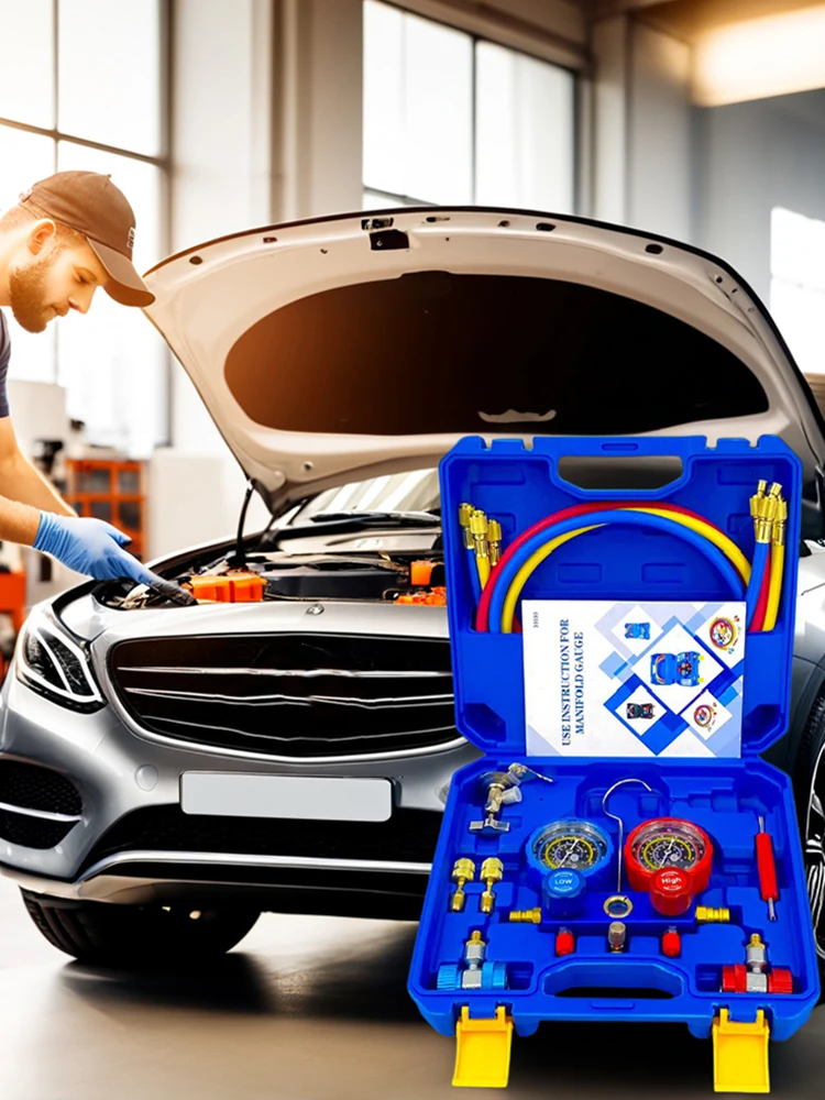 3-Wege-AC-Diagnose-Verteilermessgerät-Set mit 1,2 m Schläuchen, Klimaanlagen-Verteilermessgerät-Set für R134A/R22/R410/R404