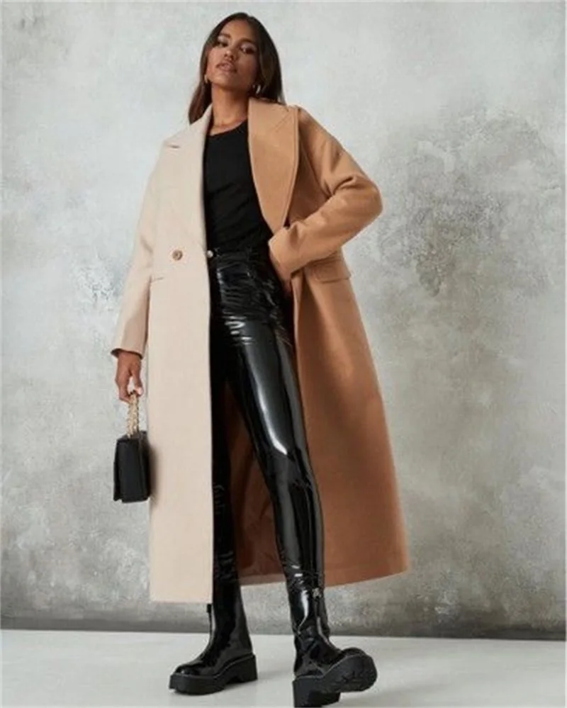 

Cashmere Women Suits Blazer Overcoat Woolen Splicing Color Winter Long Jacket Camel And White Thick Outfit Customize Trench Coat