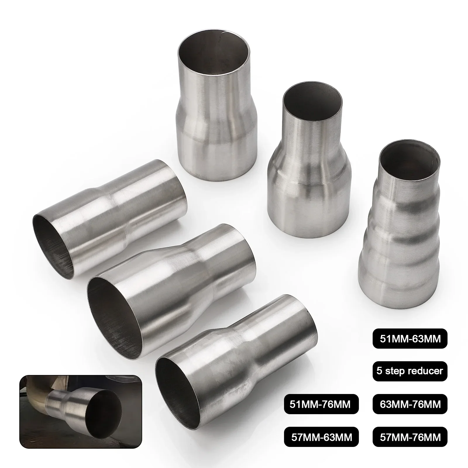 موصل عادم من الفولاذ المقاوم للصدأ ، محول 5 خطوات ، توصيل أنبوب السحب ، OD 51 way-76 way ، 57 inder-76 inder