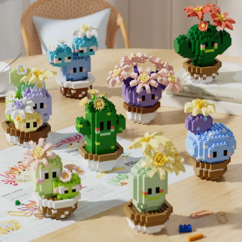 Mini MOC Cactus Potted Plant Micro Building Block 3D Diamond Flower Desk Decoration Model Brick DIY Toys for Children