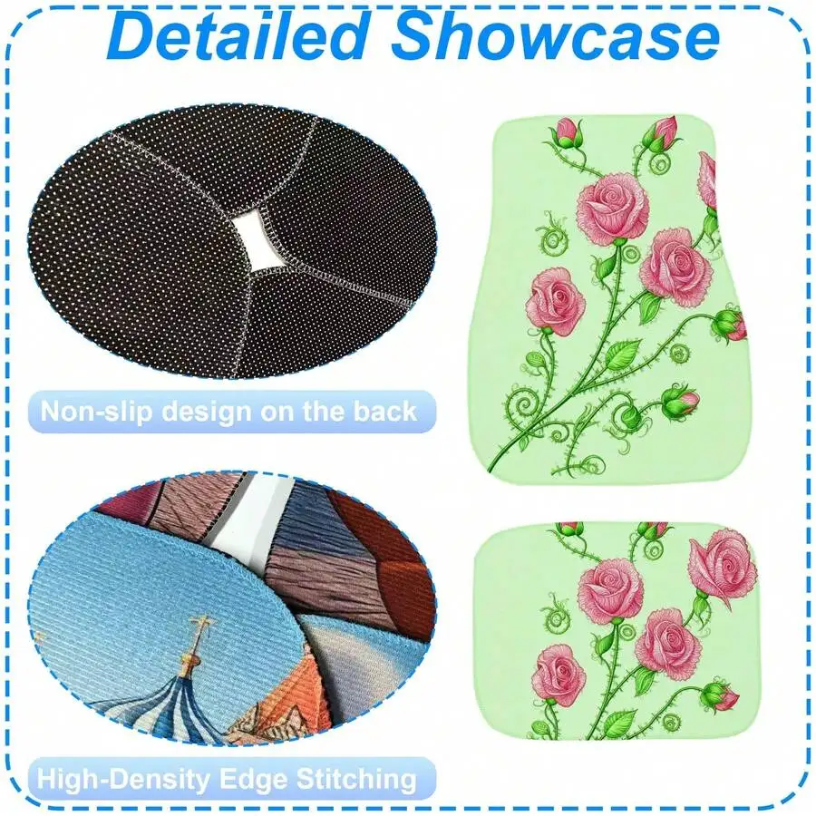 

4-Piece Car Floor Mats Set With Pink Rose Print, Non-Slip Backing, High-Density Edge Stitching