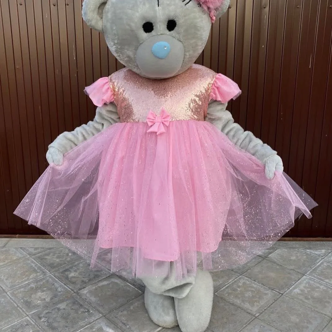 

Cute Teddy Bear Mascot Costume Adult Plush Cartoon Bear Outfit with Pink Dress for Halloween Christmas Birthday Party Event