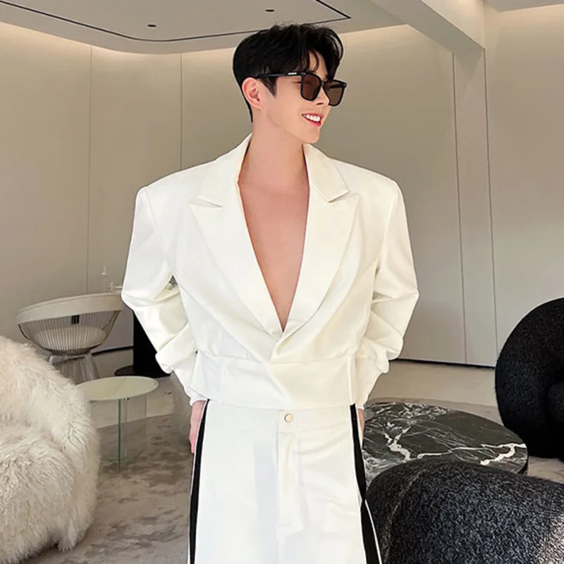 IEFB Korean New Fashion Men\'s Sets Two-piece Solid Color Short Jacket Suit Strip Wide Leg Pants Casual Trend Male Suit 9A7744