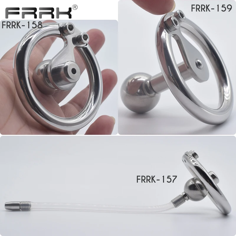 FRRK Flat Pad Convertible Inverted Male Chastity Cage with Metal Solid Ball Urethral Penis Plug Cock Rings Orgasm Denial Sex Toy