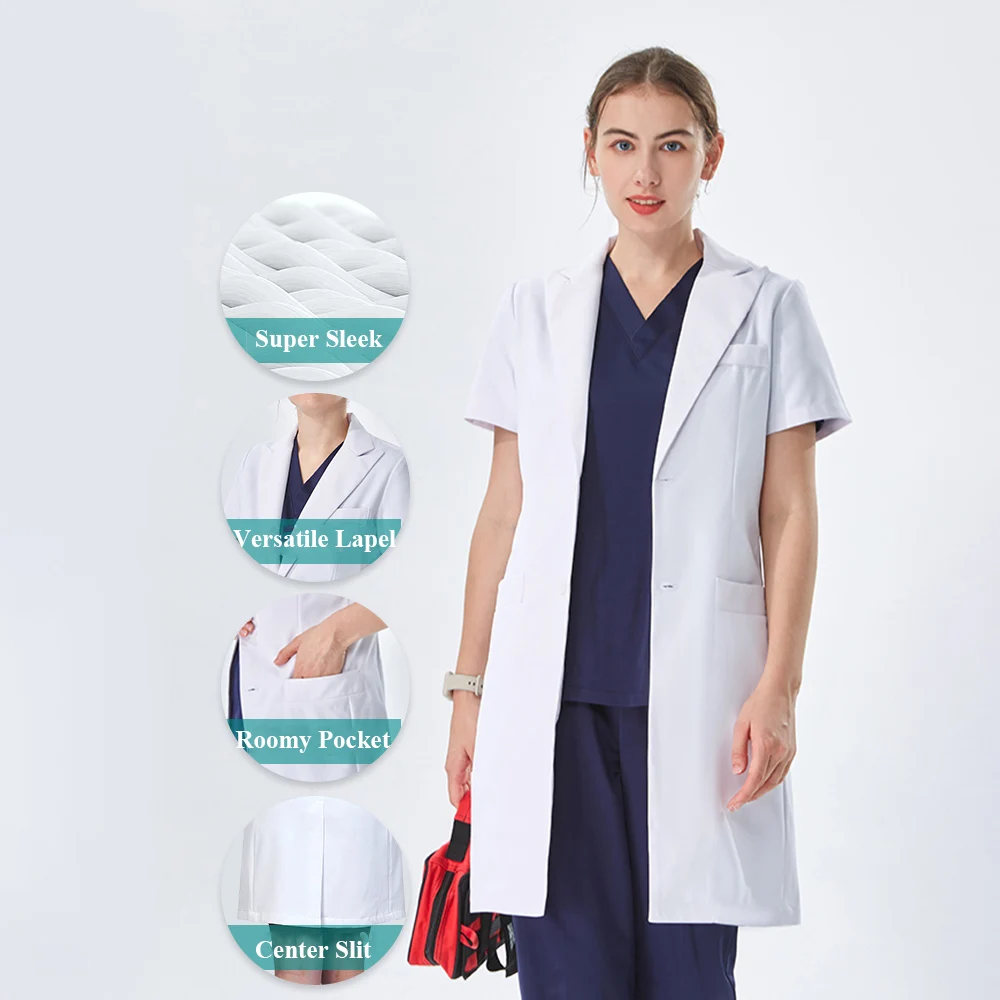 Thoughtful Lapel Collar White Lab Coat for Doctor Cotton Polyester Hospital Medical Uniform Woman Slim Fit Working Robe 702
