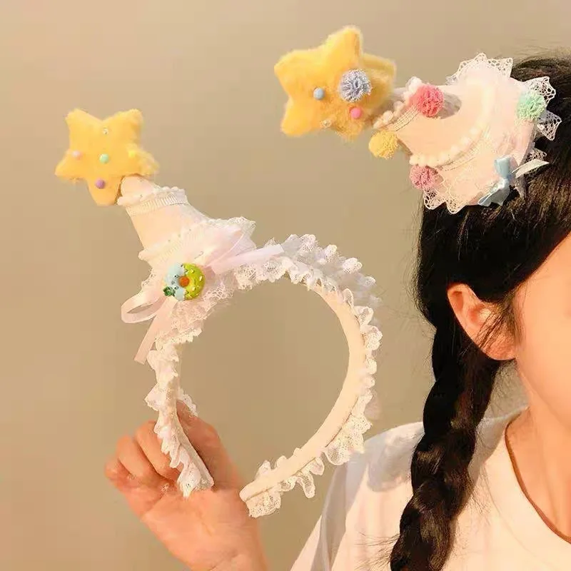 Cute atmosphere party hair accessories girl heart yellow star birthday hat headband cake hair clip photo hair accessories view 2