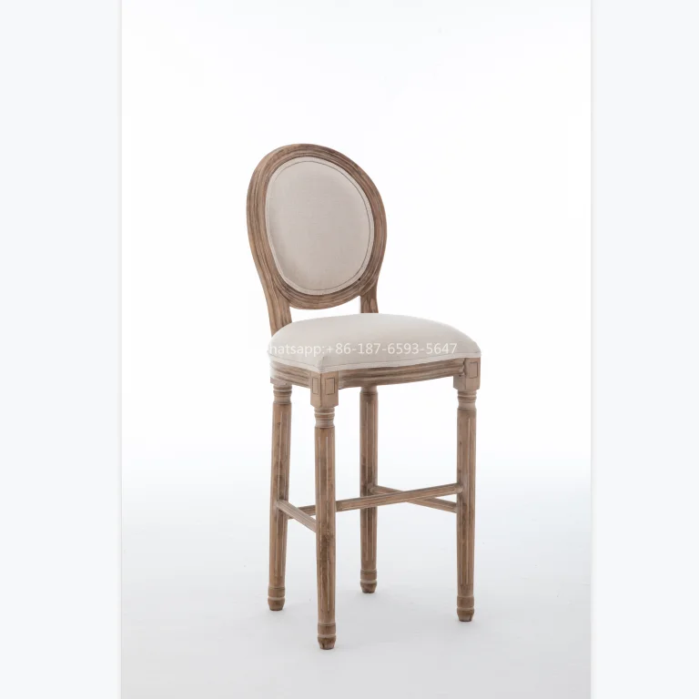 Solid Wood Beige Linen Fabric Aged Brushed Louis Bar Stool