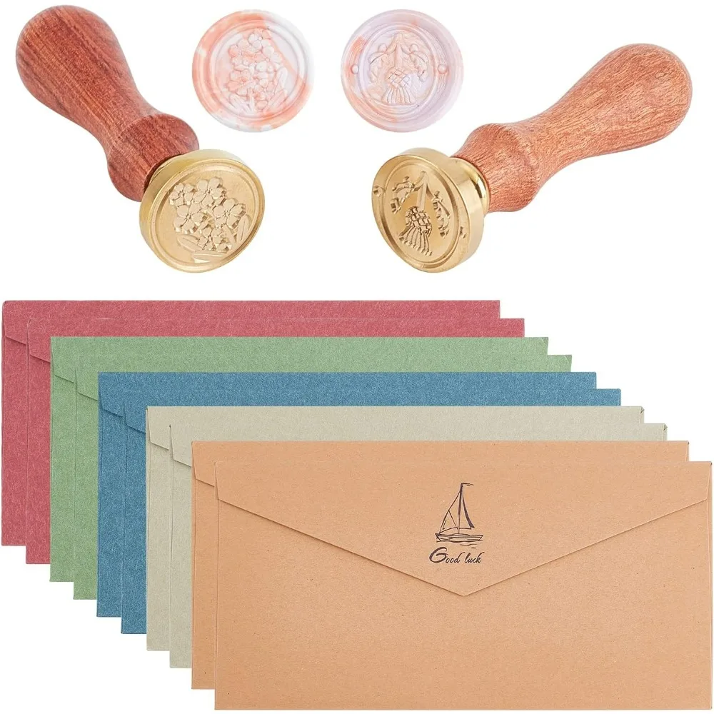 Wax Seal Stamp with Envelopes Set 2PCS Sealing Wax Stamp Thistle & Flower Patterns and 10PCS Envelopes 5 Colours Wax Stamp kit