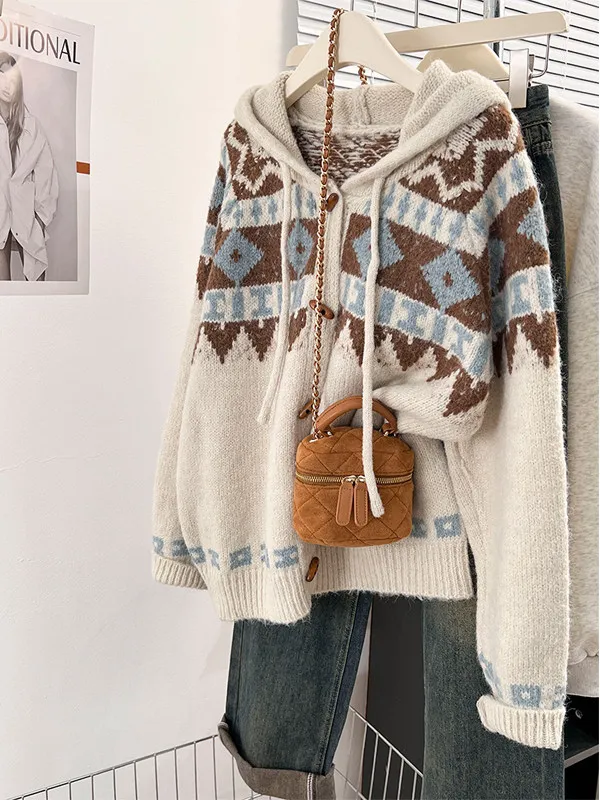 

Women's Thickened Hooded Knitwear Cardigan Casual Loose Style Autumn Winter Outerwear Fashion Comfortable Long Sleeve Top