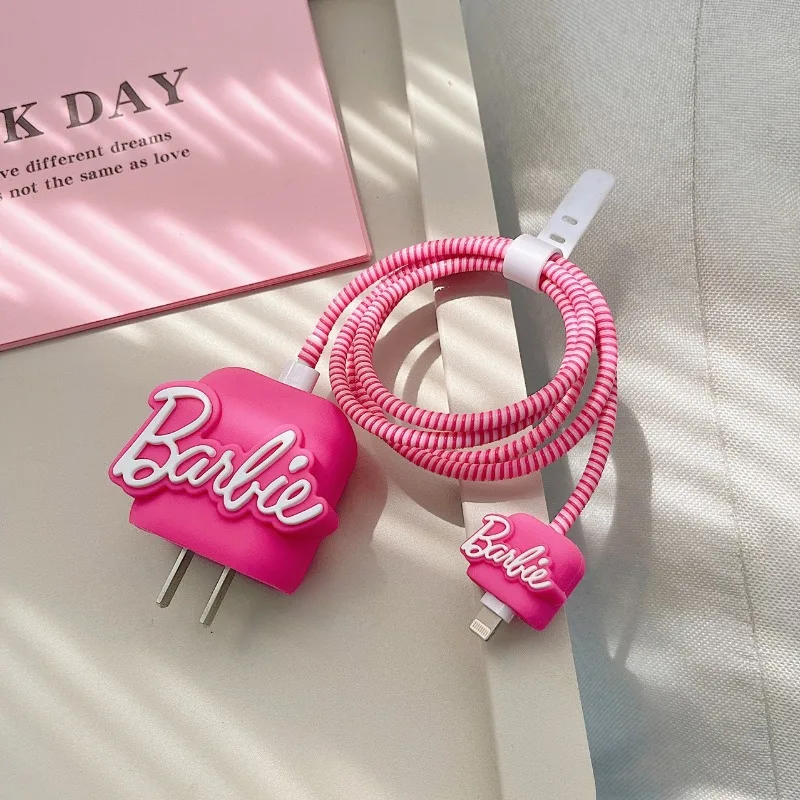 Barbie Charger Data Cable Protective Cover Anti Break Four Piece Set Winding Rope Cute Mobile Phone Accessories Women Decoration