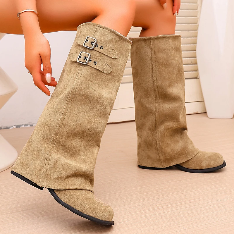Brown Faux Suede Block Heel Knee High Boots Women 2026 Autumn Double Buckle Western Boots Woman Plus Size 42 Casual Long Botas