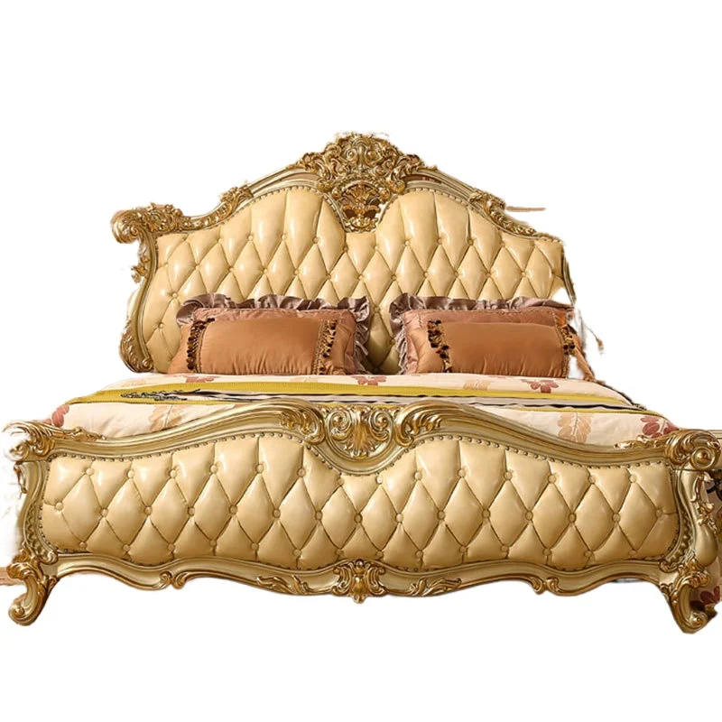 سرير من الجلد الأوروبي مصنوع من خشب البلوط الصلب وأثاث غرفة نوم رئيسية فاخرة من الجلد الأوروبي والأمريكي