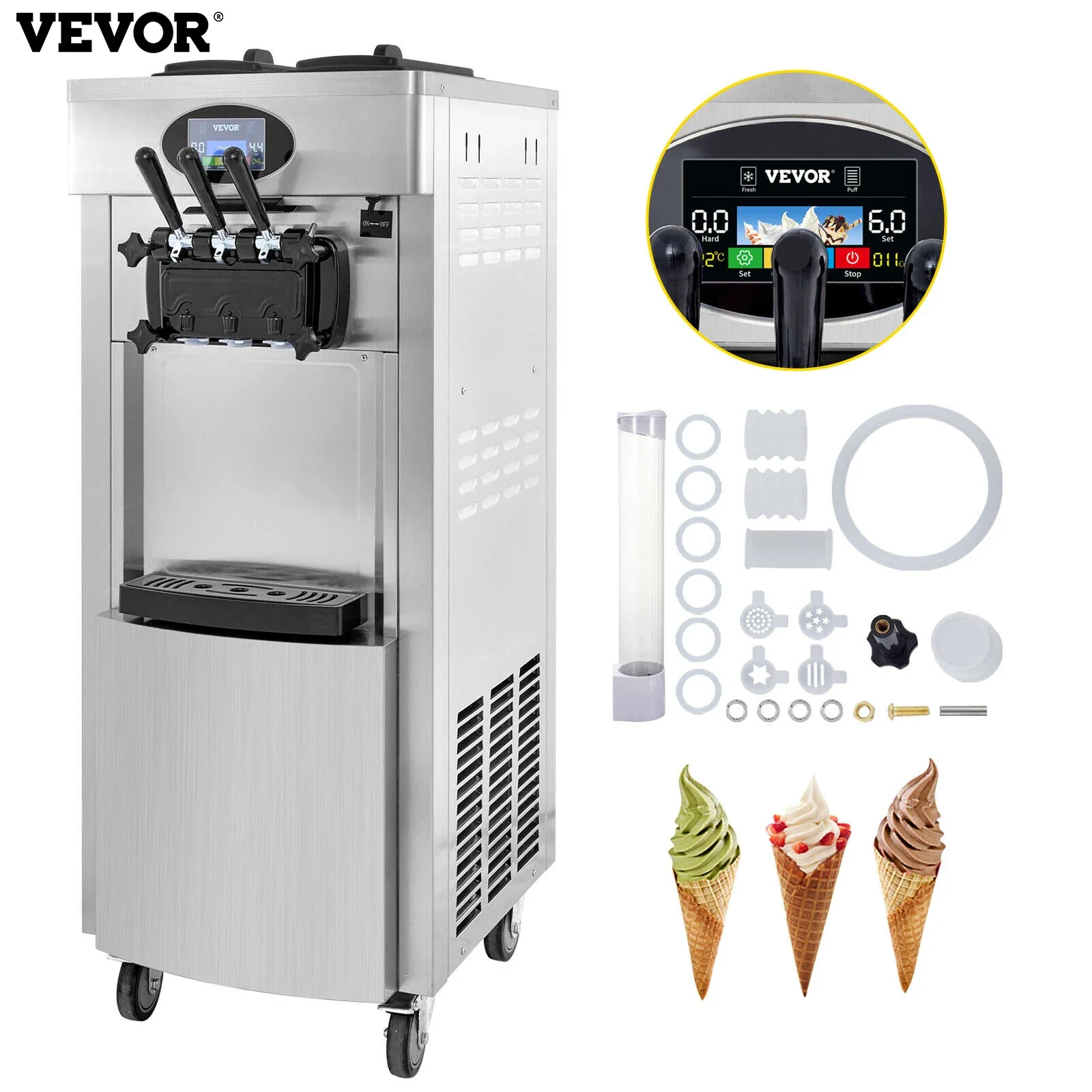 VEVOR 2200W Pre-cooling Commercial Soft Ice Cream Machine 3 Flavors Snack Shop Cafe 2+1 Flavors Vertical Soft Ice Cream Machine