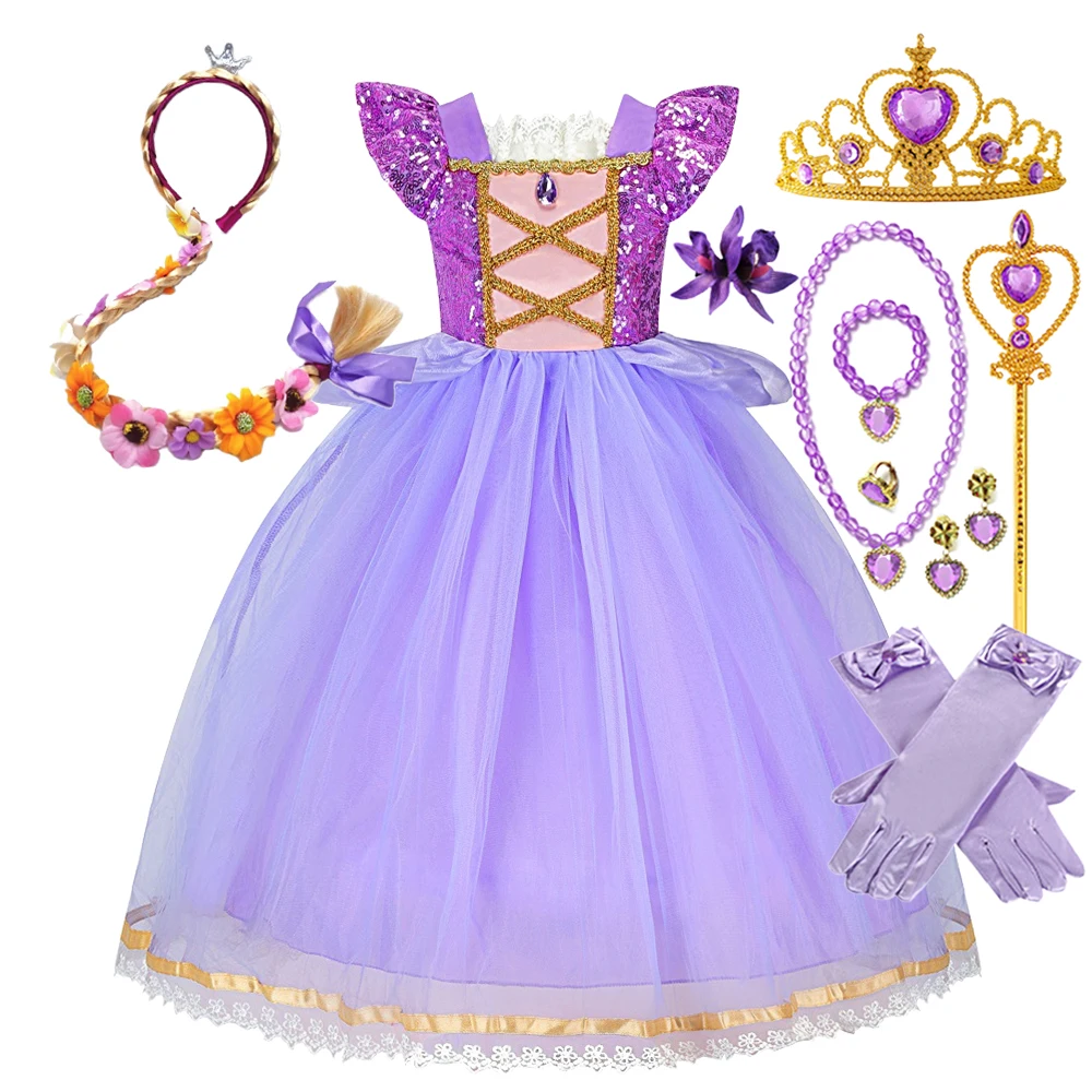 

Платье Рапунцель для девочек, фиолетовый костюм принцессы для детей, наряд для Хэллоуина, дня рождения, косплея