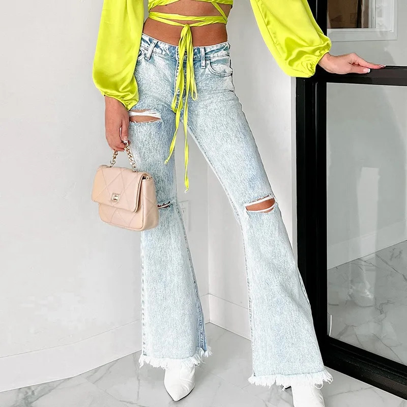 

Wepbel Y2K Washed Denim Pants Pocket High Waist Ripped Tassel Denim Trousers Jeans for Women Old School Flare Pants Jeans