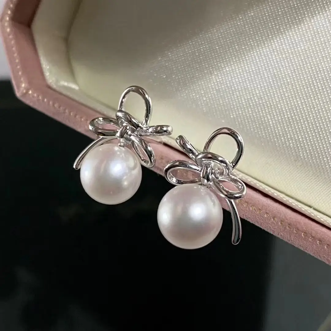 

Bow Knot Shape S925 Sterling Silver Earrings Mount Findings Settings Base Mounting Parts Accessory for 7-8mm Pearls 5 pairs/lot