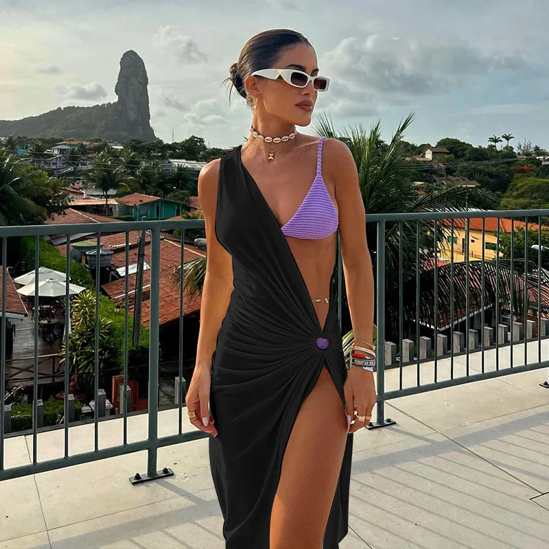 Melphieer 2024 One-shoulder Asymmetric Black White Beach Dress Midi Beach Cover up Woman Swimwear Bikini Tunic Beachwear Outfit