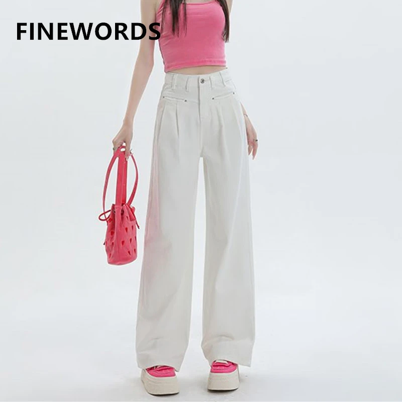 

FINEWORDS High Waist Vintage White Jeans Women Korean Streetwear Wide Leg Jeans Easymatch Full Length Baggy Jeans