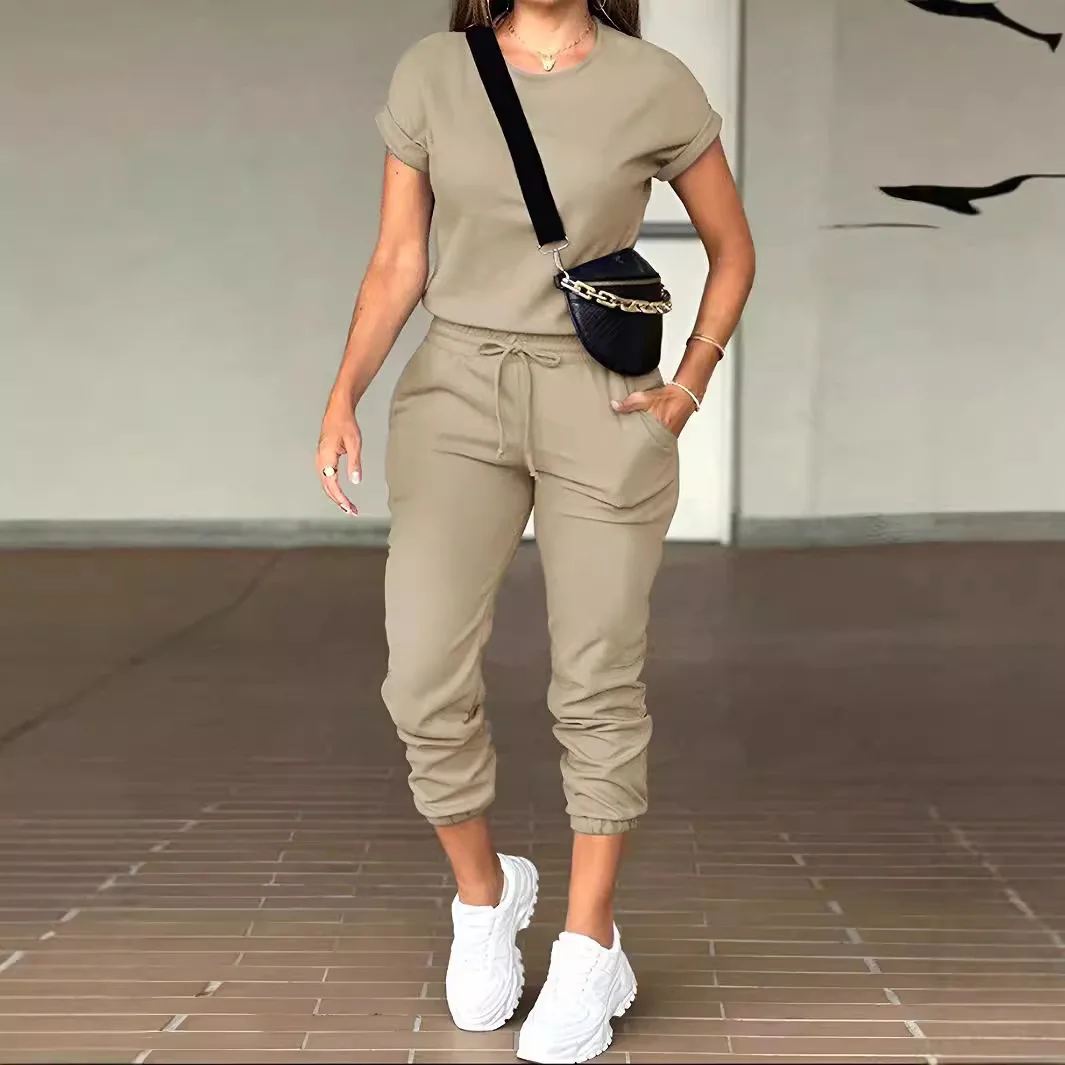 

Pant Set Women Two Piece Sets Round Neck Short Sleeve Shirt Long Pants Lace Up Elastic Waist Y2k Streetwear Work Causal 2026