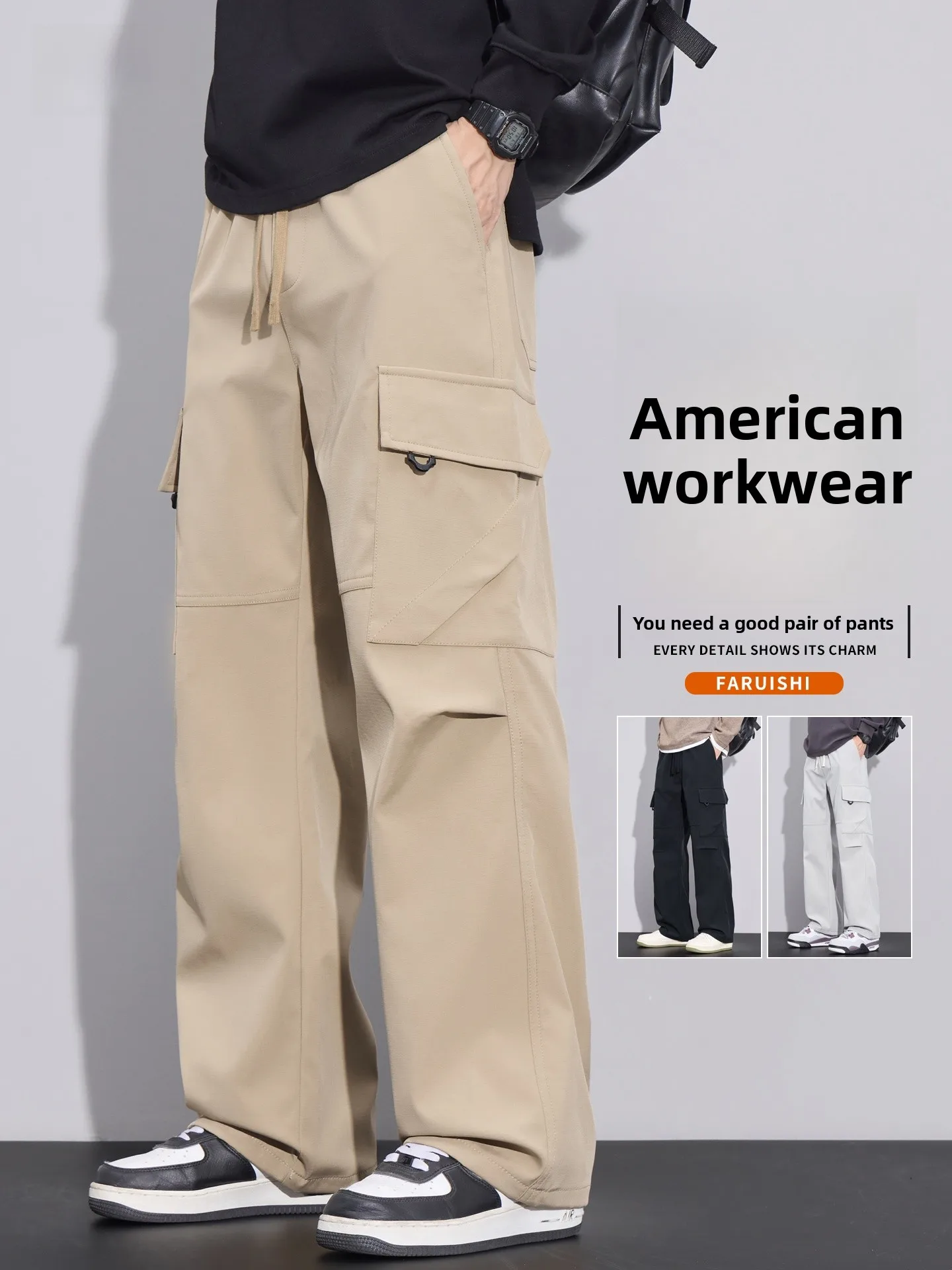 

American Sle Men's Spring Autumn Loose Straight Leg Workwear Pants Outdoor Sports Casual Long Trousers Faionable Youthwear