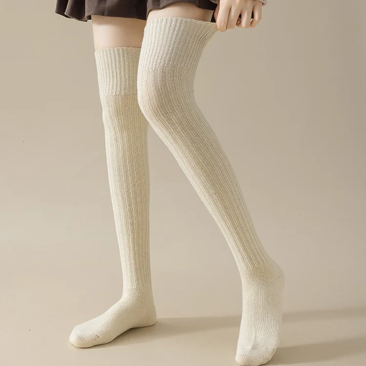 Autumn Winter Fleece Knee High Socks for Women Girls Korean Style Solid Color Soft Comfortable Warm Knit Ribbed Stockings