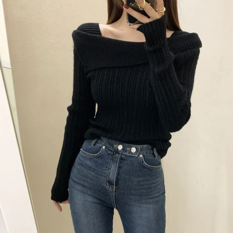 Design Sense Niche Thickened Off Shoulder Bottom Shirt Women's Autumn Winter High End One Shoulder Sweater Inner Knitted Top