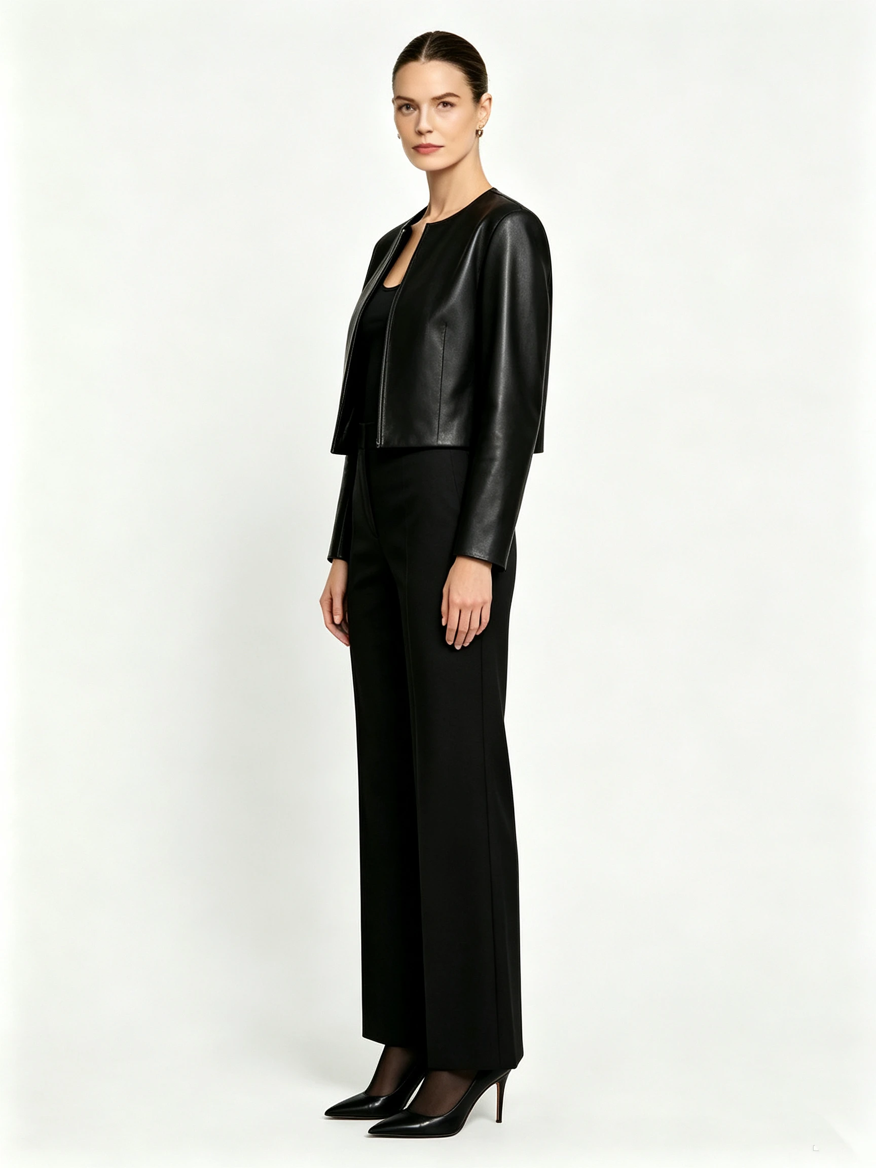 Women's Faux Leather Cropped Jacket with Collarless Round Neck and Open Front