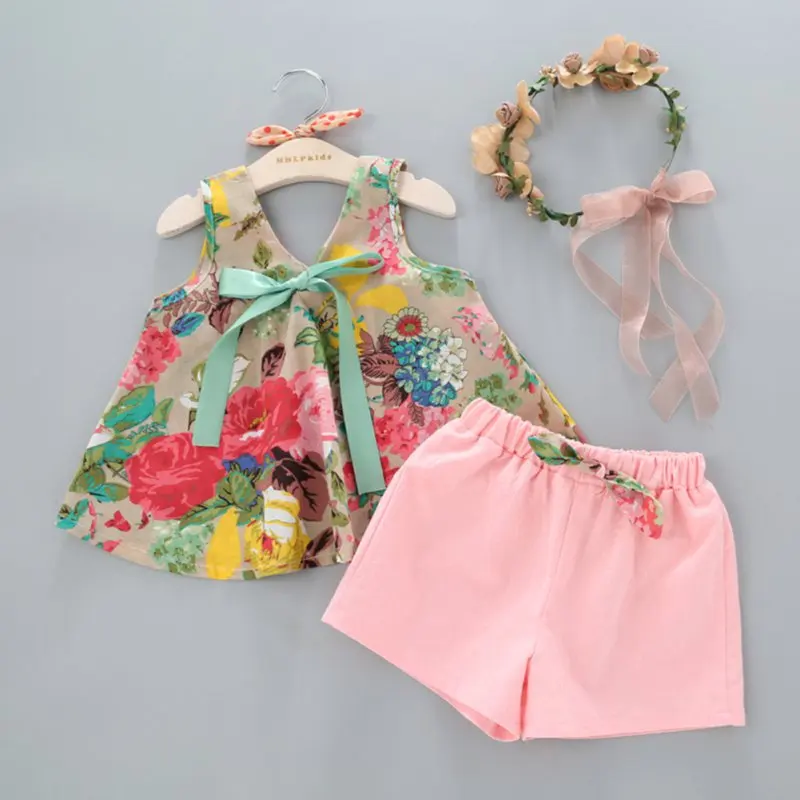 Kids Girls Clothes Set Summer Girl Floral Printed Sleeveless Tops and Shorts Kits 2PCS Outfits Baby Girls Clothing for 2-6 Years