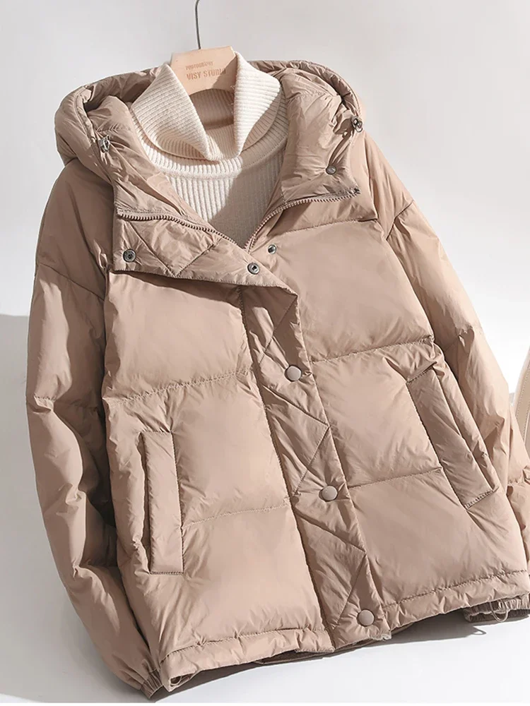سترة منتفخة مبطنة على الموضة سترة قصيرة بقلنسوة للنساء شتوية كبيرة الحجم معطف سميك دافئ #6