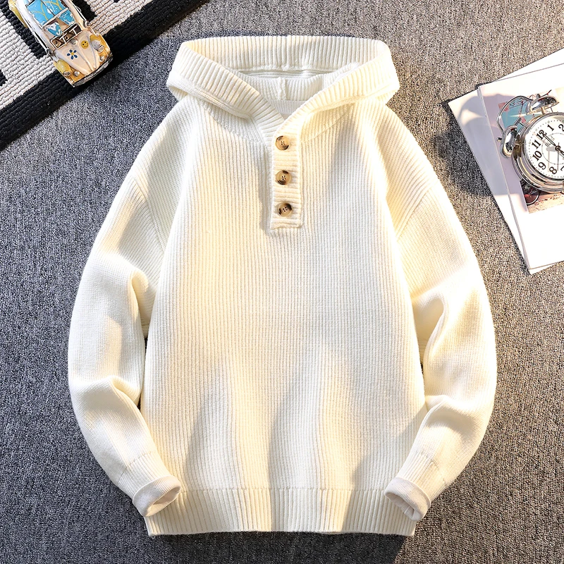 

Solid Color Hooded High-quality Knitted Sweater 2025 Fashion Street Trend Autumn Winter Daily Casual Warm Pullover