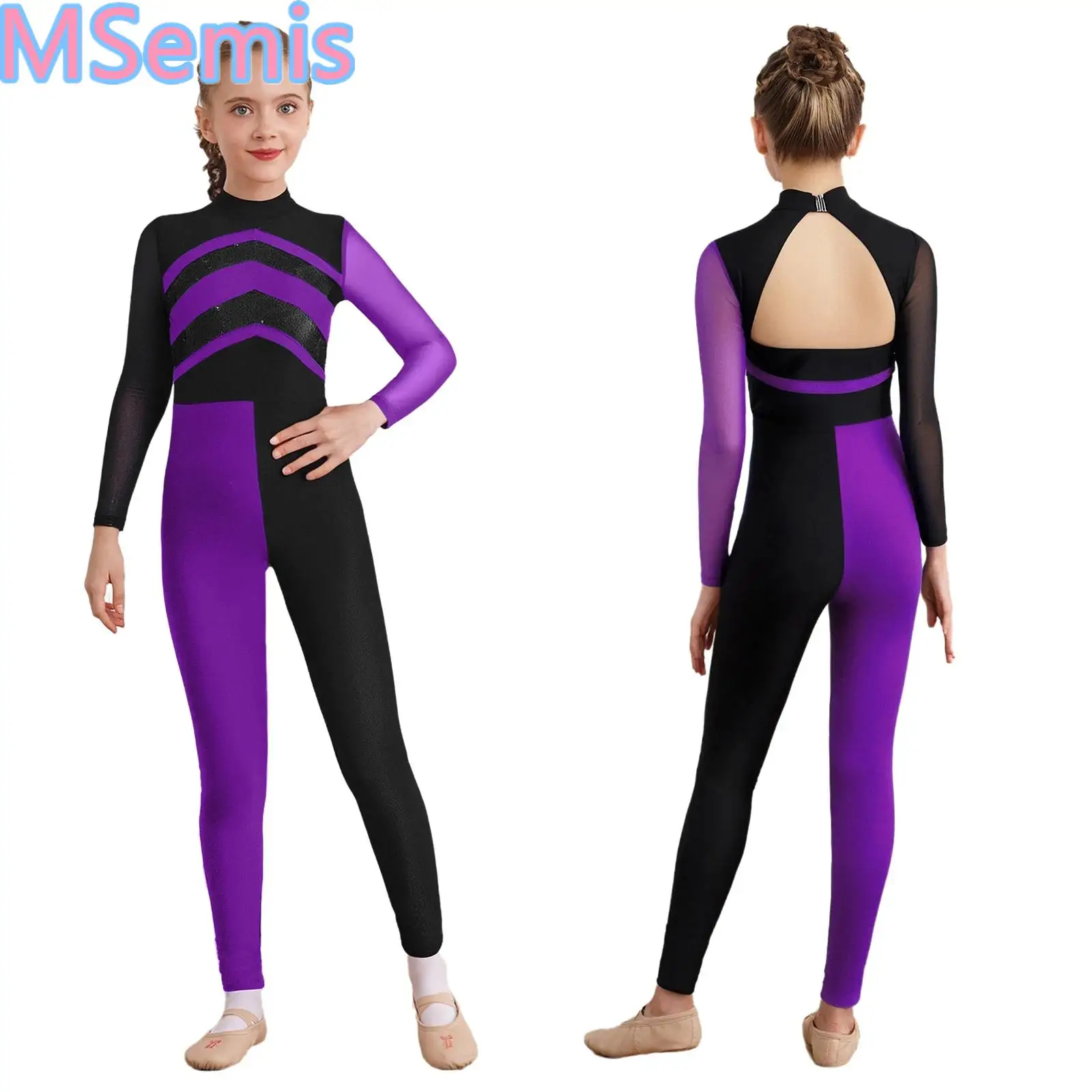 

Kids Girls Gymnastics Jumpsuit Shiny Sequins Color Block Jumpsuit Mock Neck Sheer Mesh Long Sleeves Cutout Back Dance Bodysuit
