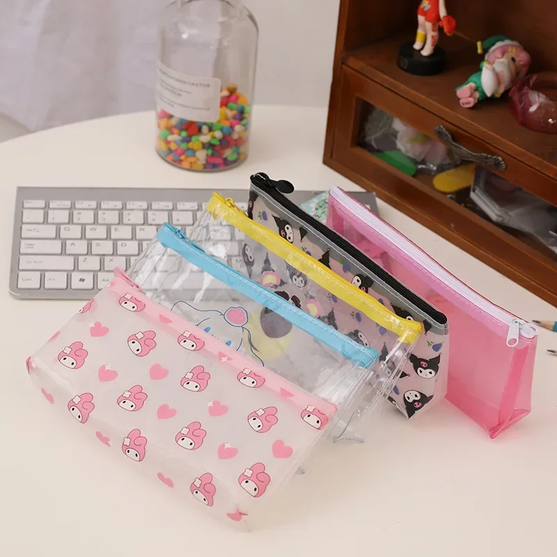 Sanrio Cartoon Pencil Bag Cinnamoroll Creative Snack Transparent Pencil Bag Student Cute Storage Zipper Bags School Supplies