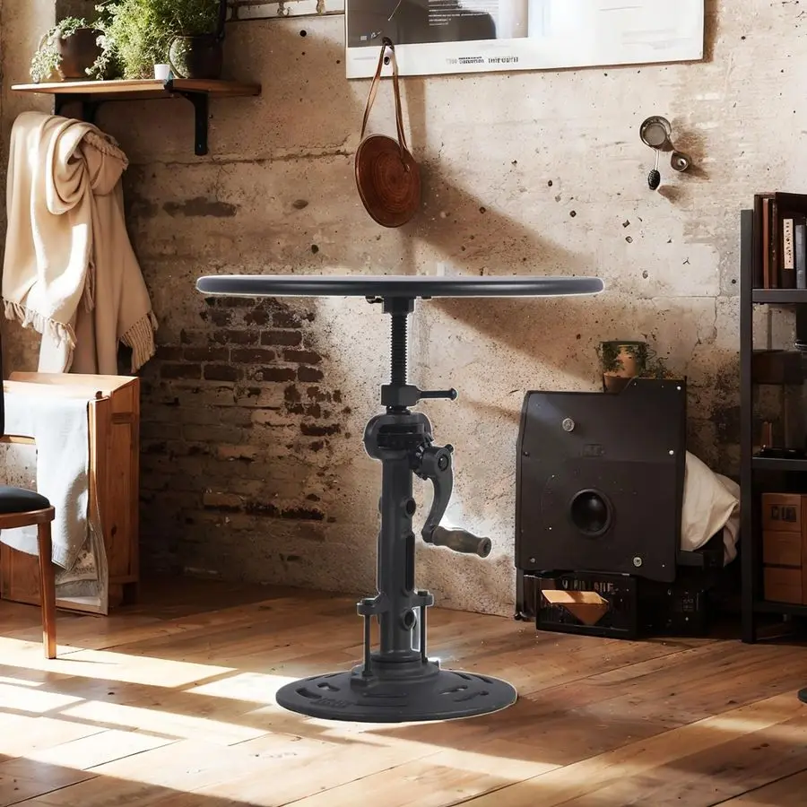 ヴィンテージ風インダストリアル調、高さ調節可能なクランク式テーブル。家庭用またはカフェ用。丸型鉄製ビストロダイニングデスク。機械風ハンドル付き。