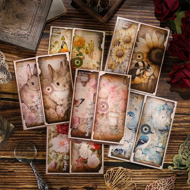 30 Stuks Bloemen Konijn Vogel Materiaal Papieren Diy Scrapbooking Achtergrondstickers Set Decoratie Junk Journal Benodigdheden Ambachtelijk Papier