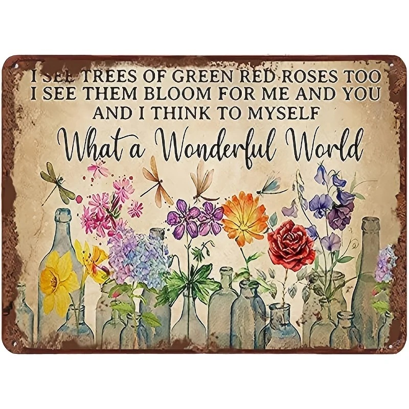 Cartel de hojalata de Metal divertido, libélula, qué maravilloso mundo, flores, decoración de pared, ver árboles de rosa roja verde, también Retro, 1 ud.