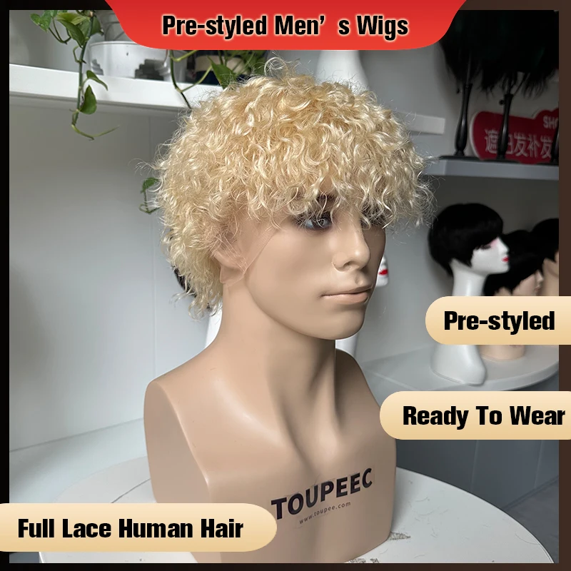 Pre Cut Human Hair Wigs 100% Human Hair Quality Men's Wigs Blonde Color Hair Toupee For Men Transparent Full Lace Male Wigs