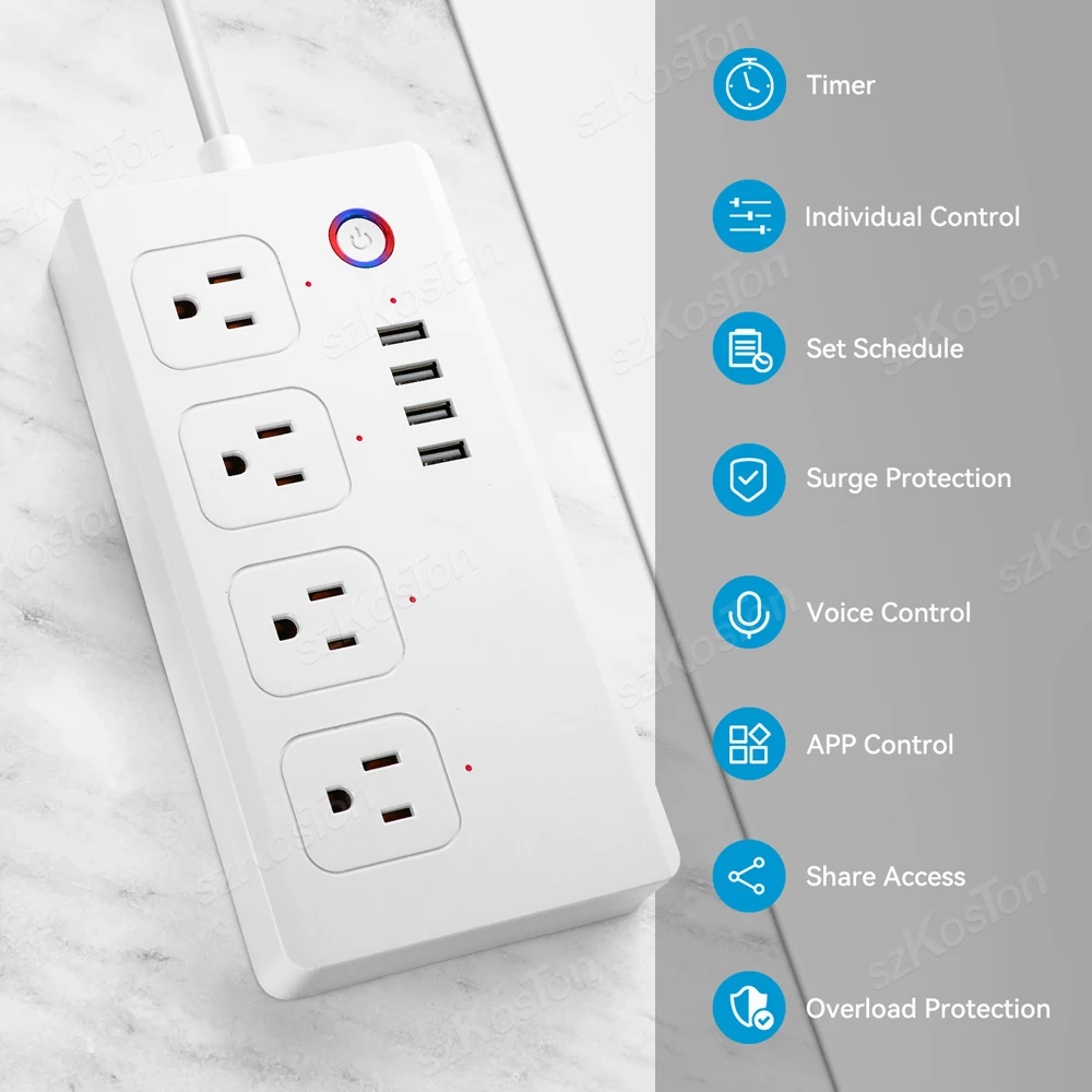 Tira de Alimentación inteligente Tuya WiFi, enchufe inteligente de EE. UU., Protector contra sobretensiones, salida de sincronización con 3 puertos USB, tipo C, funciona con Alexa y Google Home, 16A
