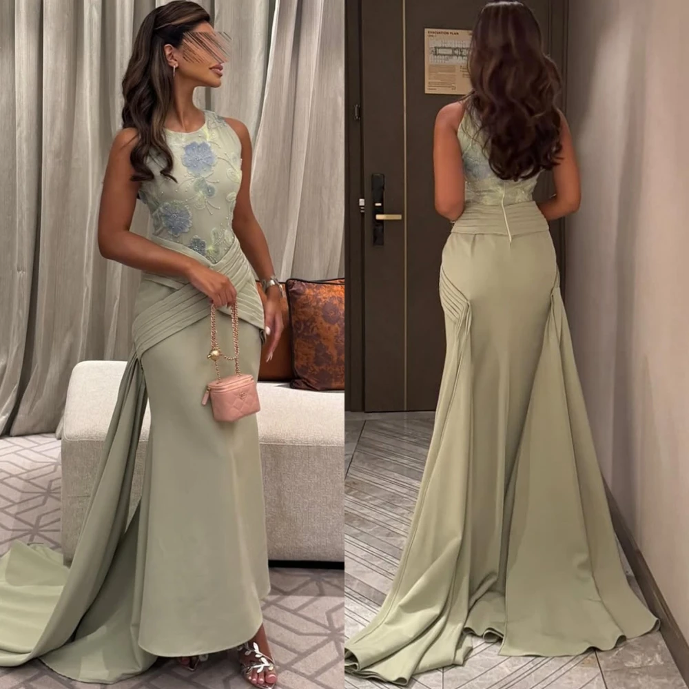 

Customized Modern Sleeveless O-Neck Evening Dress Exquisite Jersey Prom Dresses Delicate Sweep Train Special Occasion Gowns