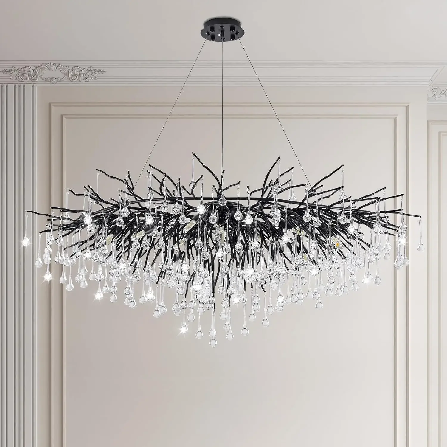 

Nordic modern high-end black crystal chandelier restaurant living room luxurious silver raindrop crystal Pendant light