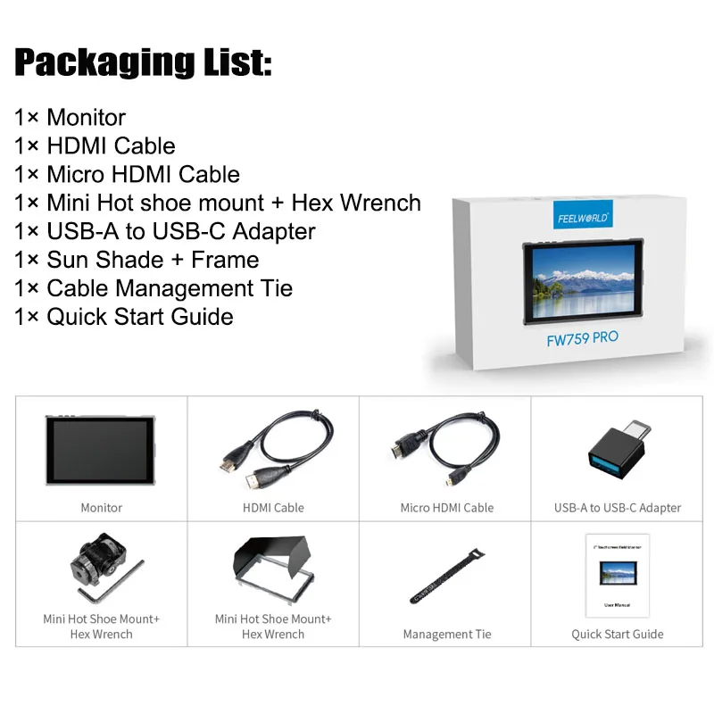 شاشة فيديو ميدانية للكاميرا Feelworld FW759 PRO شاشة لمس 7 بوصة 4K HDMI 1280x800 IPS