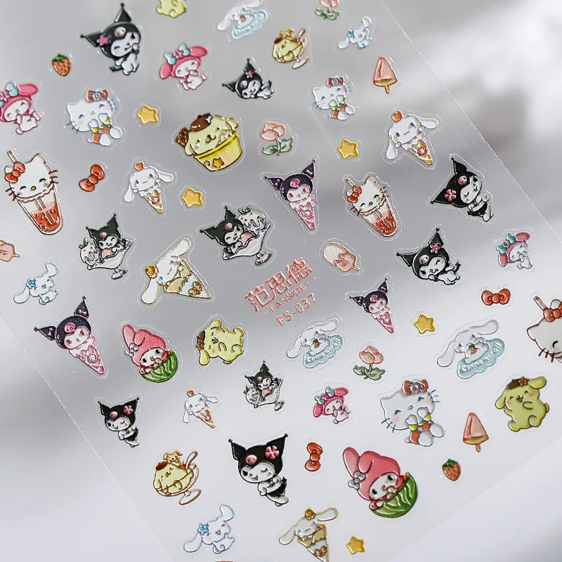 Новые мультяшные наклейки для ногтей Sanrio Hello Kitty 2026 года, 5D наклейки с Мелоди, Куроми, Синамороллом, аниме-стикеры, принадлежности для нейл-арта, декор для ногтей