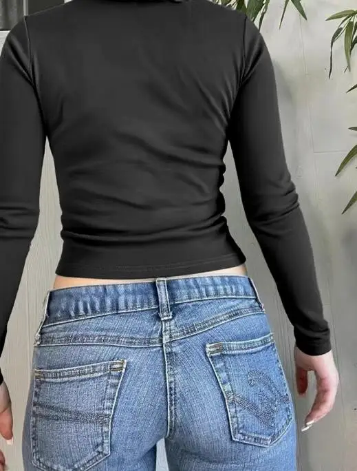 Koszulka z długim rękawem w stylu Y2K Spicy Girl, zapinana na guziki, jesienna, codzienna, z okrągłym dekoltem, jednolity kolor, podkreślająca talię, z odkrytymi długimi rękawami.