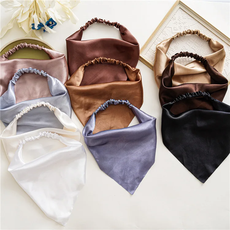 

Summer Women Solid Color Hair Scarf Vintage Triangle Bandanas Satin Elastic Hairbands Children Girl Headbands Hair Accessories