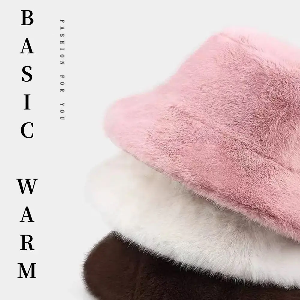 Hot Sale Fluffy Faux Fur Bucket Hats Women Warm Thick Plush Winter Hat Lady Fashion Fisherman Cap Korean Furry Bucket Hat Y2k