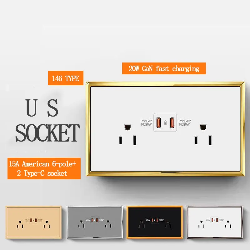 prise-americaine-15a-a-3-6-trous-avec-double-port-type-c-20w-de-charge-rapide-gan-integree-prise-de-courant-encastree-146-placage-electrolytique-110-250v