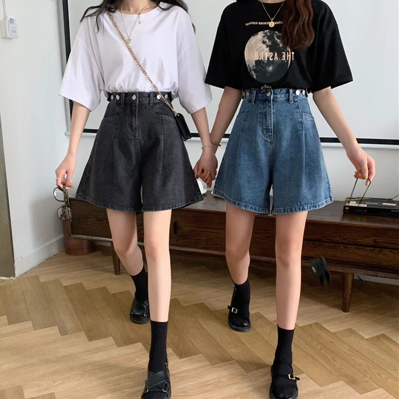 

2024 Women Autumn Winter Fashion High Waist Baggy Female Pockets Wide Leg Short Jeans Ladies Loose Casual Denim Shorts U726