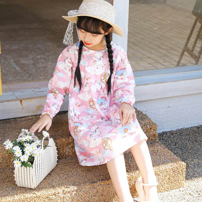 Robe de printemps à manches longues pour enfants, robes décontractées pour enfants, impression de dessin animé mignon, conception d'épissage, bébé fille, automne